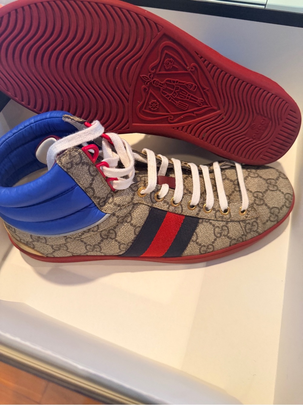 Gucci Men’s High-Top GG Canvas Sneaker with Blue Collar and Red/Blue Web Stripe